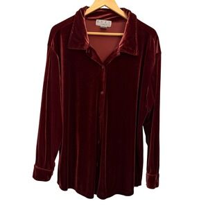 Real Comfort Velvet Button Down Shirt Womens Large Burgundy Stretch Luxe‎